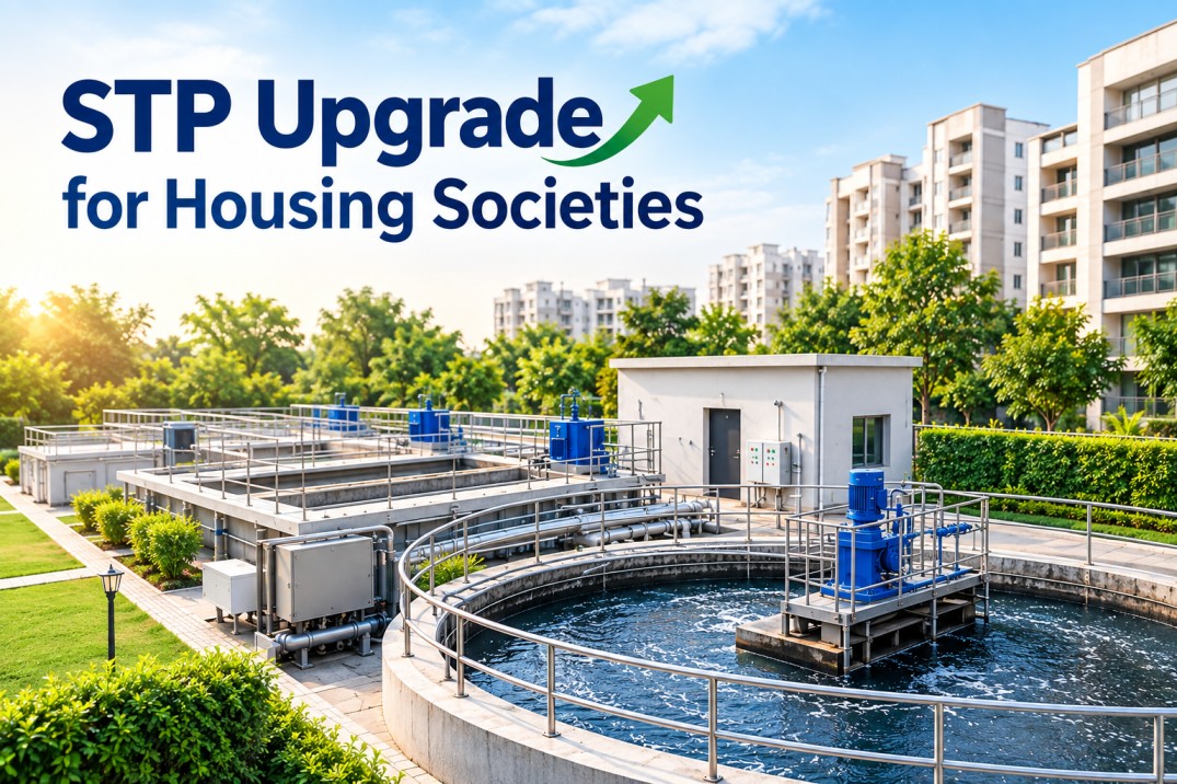 STP Upgrade for Housing Societies – Modern sewage treatment plant with residential apartments and greenery.