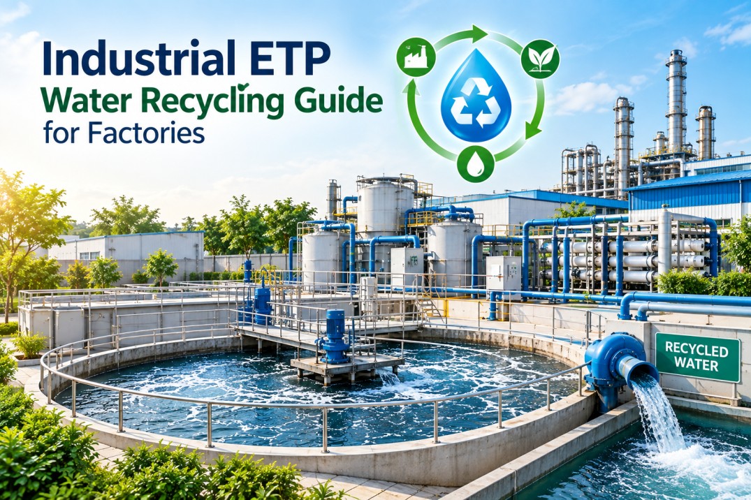 Industrial ETP water recycling system at a factory, showing wastewater treatment, filtration, and recycled water reuse.
